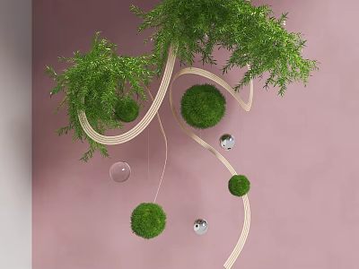Indoor Landscape Design with Hanging Green Plants Curved White Lines and Spherical Decorations 3d model
