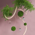 Indoor Landscape Design with Hanging Green Plants Curved White Lines and Spherical Decorations