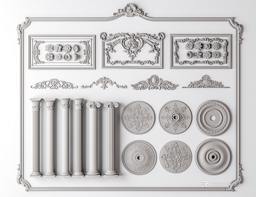Elegant Carved Decorative Elements With Panels Columns And Circular Ornaments For Interior Design 3d model 