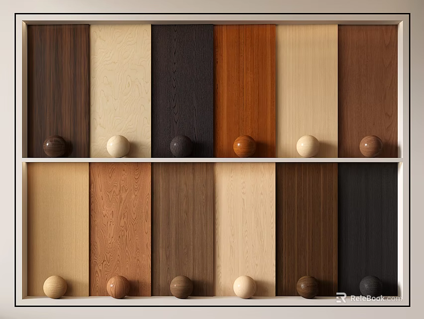 Various Wood Texture Wall Panels With Color Samples And Decorative Knobs 3d model 