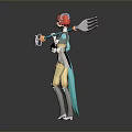 Game Movie Character With Red Hair Blue Coat Holding Fork Weapon Design