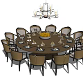 Elegant Round Dining Table Set With Chairs Fruit Basket Tableware And Chandelier 3d model