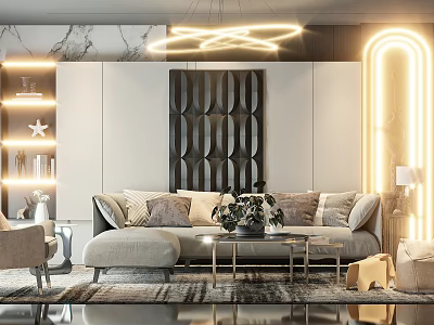 Modern Living Room Interior With Sofa And Coffee Table Set Decorative Pillows Green Plant And Area Rug 3d model