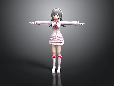 Child in White Dress with Red Accents Gray Hair and Outstretched Arms 3d model