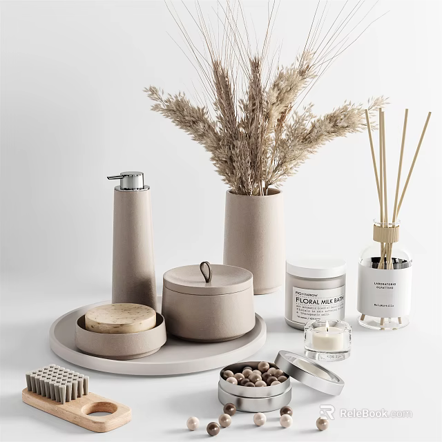 Minimalist Neutral Toned Decorative Ornament Set With Wheat Stems Reed Diffuser Tray And Candle Jars 3d model 