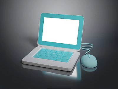 Laptop With Light Blue Frame White Screen Blue Keyboard And Light Blue Mouse On Black Surface 3d model