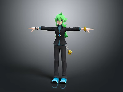 Green-haired Character Wearing Black Outfit Blue Shoes Golden Bracelets and Yellow Creature Pendant Arms Outstretched 3d model