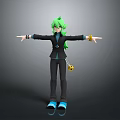Green-haired Character Wearing Black Outfit Blue Shoes Golden Bracelets and Yellow Creature Pendant Arms Outstretched