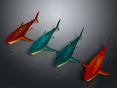 Colorful Sharks in Red Blue Green and Orange Hues Arranged on Gray Surface 3d model