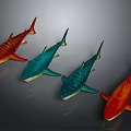 Colorful Sharks in Red Blue Green and Orange Hues Arranged on Gray Surface