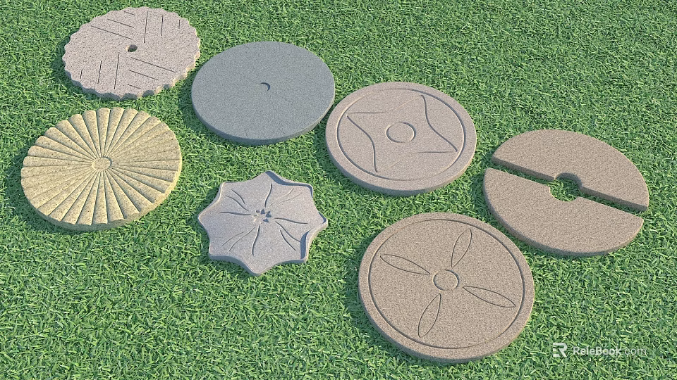 Creative Garden Stepping Stones With Various Patterns On Green Grass 3d model