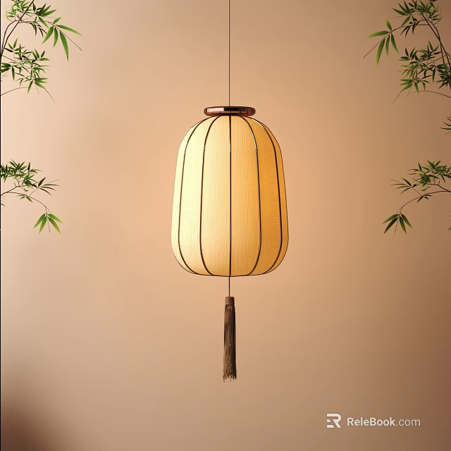 Traditional Fabric Lantern with Striped Design and Tassel Hanging Near Bamboo Leaves on Beige Wall 3d model 