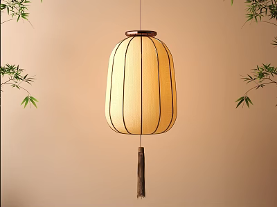 Traditional Fabric Lantern with Striped Design and Tassel Hanging Near Bamboo Leaves on Beige Wall 3d model