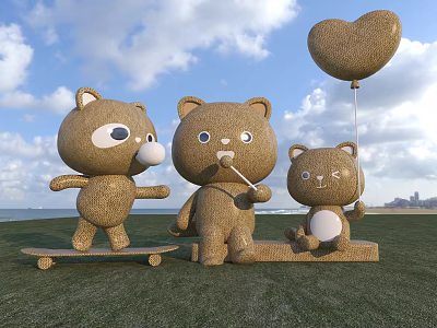 Adorable Straw Bear Garden Ornaments With Skateboard Lollipop Heart Shaped Balloon On Grassland Under Blue Sky 3d model