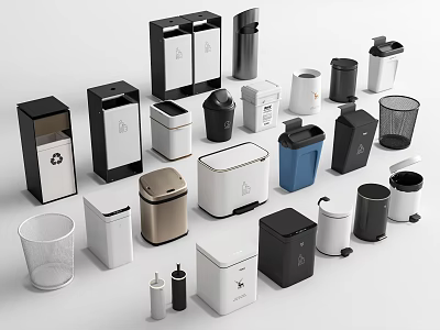 Various Stylish Waste Bins With Different Colors Designs And Lids For Home Daily Use 3d model