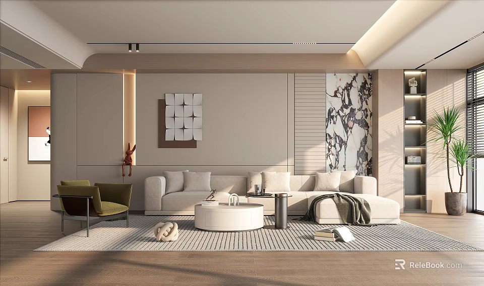 Modern Living Room Interior Design With Beige Sofa Green Armchair Coffee Table And Wall Art 3d model 