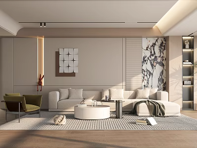 Modern Living Room Interior Design With Beige Sofa Green Armchair Coffee Table And Wall Art 3d model