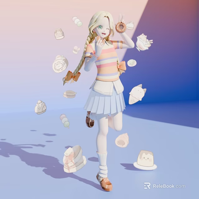 Playful Game And Movie Character In Striped Top White Skirt With Floating Cakes Hats Bows 3d model 
