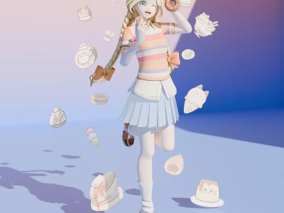 Playful Game And Movie Character In Striped Top White Skirt With Floating Cakes Hats Bows 3d model