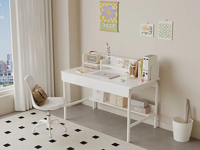 Cozy Home Study Space With White Desk Laptop Chair Checkered Rug And City View 3d model