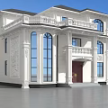 Two Story Detached Villa With White Exterior Brown Door Balcony Arched Windows And Decorative Carvings