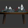 Cartoon Scene With Circular Platform Snowy Mountains Winding Rivers And Red Flowers