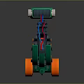 Green Model Motorcycle with Orange Wheels Blue Red Wires and Mechanical Structure