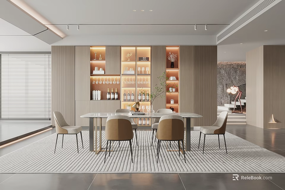 Elegant Modern Restaurant Interior With Dining Table Chairs Wine Cabinet And Ambient Lighting 3d model 