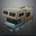 Vintage Blue And Beige Camper Van With Extended Roof Rectangular Windows And Wooden Paneling