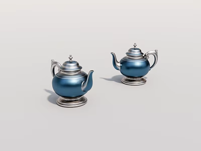 Two Stylish Blue Metallic Teapots With Silver Bases And Elegant Design 3d model