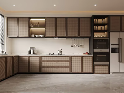 Modern Kitchen Interior With Dark Wood Cabinets Sleek Countertop And Built In Appliances 3d model