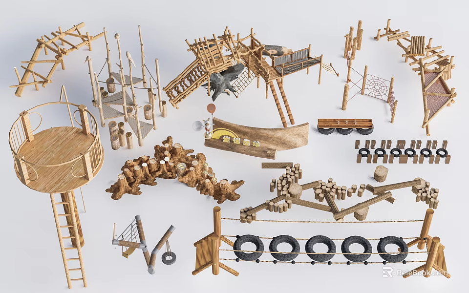 Industrial Equipment For Manufacturing Wooden Playground Components With Climbing Frames Slides And Tire Swings 3d model 