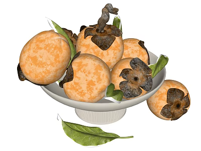 Fresh Ripe Persimmons in a White Bowl with Green Leaves on White Background 3d model