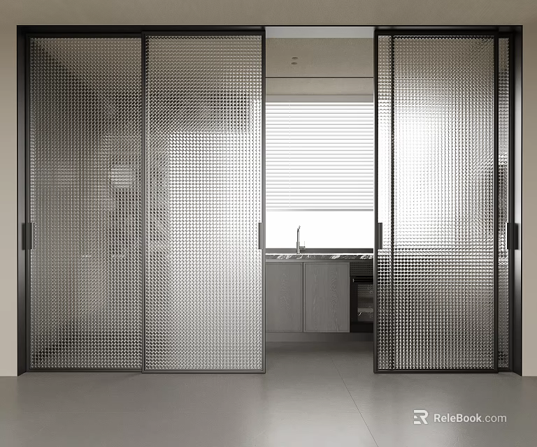 Modern Minimalist Sliding Doors with Black Frames and Perforated Glass in Kitchen Area 3d model 