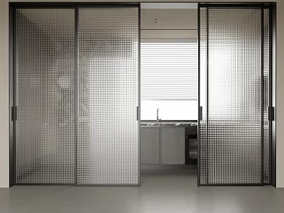 Modern Minimalist Sliding Doors with Black Frames and Perforated Glass in Kitchen Area 3d model
