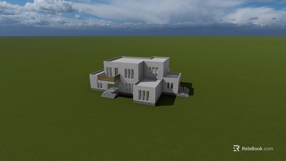 Modern White House Exterior With Green Lawn And Blue Sky Background 3d model 