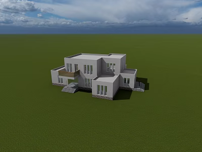 Modern White House Exterior With Green Lawn And Blue Sky Background 3d model