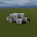 Modern White House Exterior With Green Lawn And Blue Sky Background