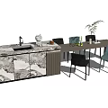 Modern Kitchen Dining Table Set With Marble Countertop Black Light Blue Chairs 3d model