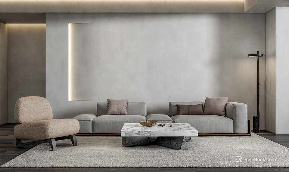 Minimalist Living Room Gray Sofa With Marble Coffee Table And Accent Chair 3d model 