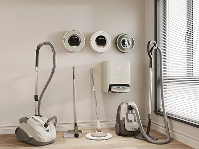 Smart Cleaning Machines With Vacuum Cleaners Mops And Wall Mounted Circular Devices In Indoor Area 3d model
