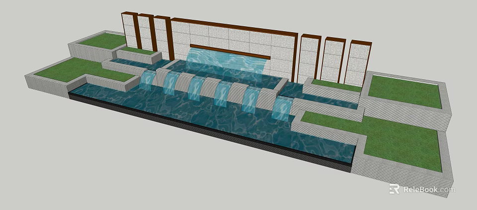 Modern Garden Water Feature with Cascading Steps Decorative Wall Panels and Green Grass 3d model 