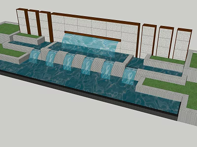 Modern Garden Water Feature with Cascading Steps Decorative Wall Panels and Green Grass 3d model