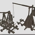 Ancient Wooden Siege Weapons with Wheel Structures and Hanging Weight Mechanisms