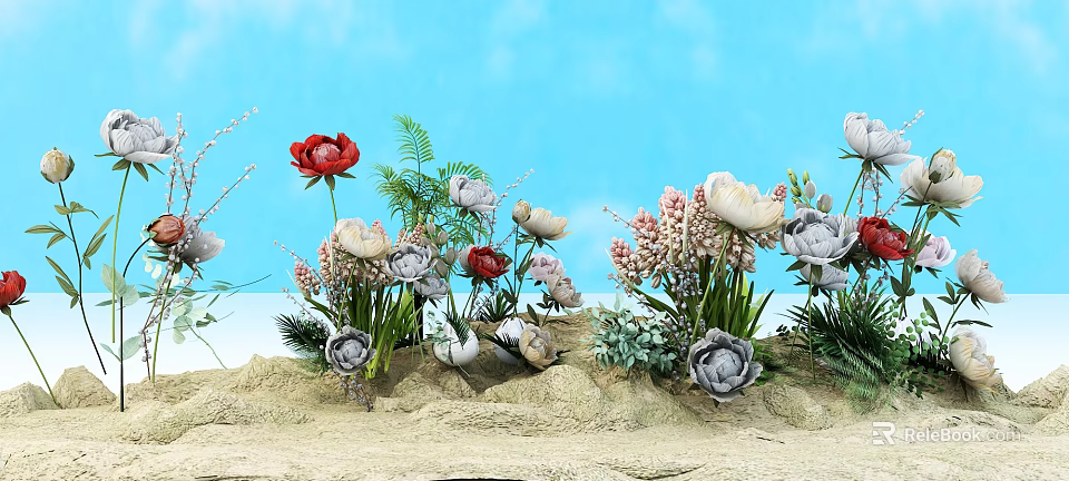 Assorted Flowers With Red Roses White Gray Blooms Green Foliage On Blue Sandy Background 3d model 