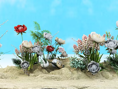 Assorted Flowers With Red Roses White Gray Blooms Green Foliage On Blue Sandy Background 3d model