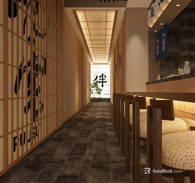 Japanese Restaurant Interior With Wooden Corridor Shoji Screens And Seating Area 3d model 