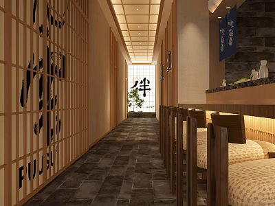 Japanese Restaurant Interior With Wooden Corridor Shoji Screens And Seating Area 3d model