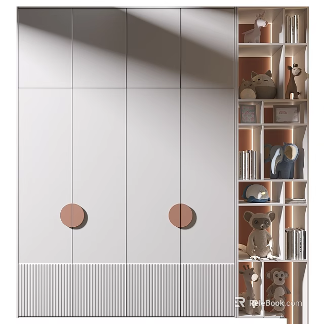 Modern White Wardrobe With Round Handles And Striped Base Design 3d model