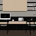 Modern Home Office Desk Interior With Two Chairs Computer Books Cabinets And Shelves